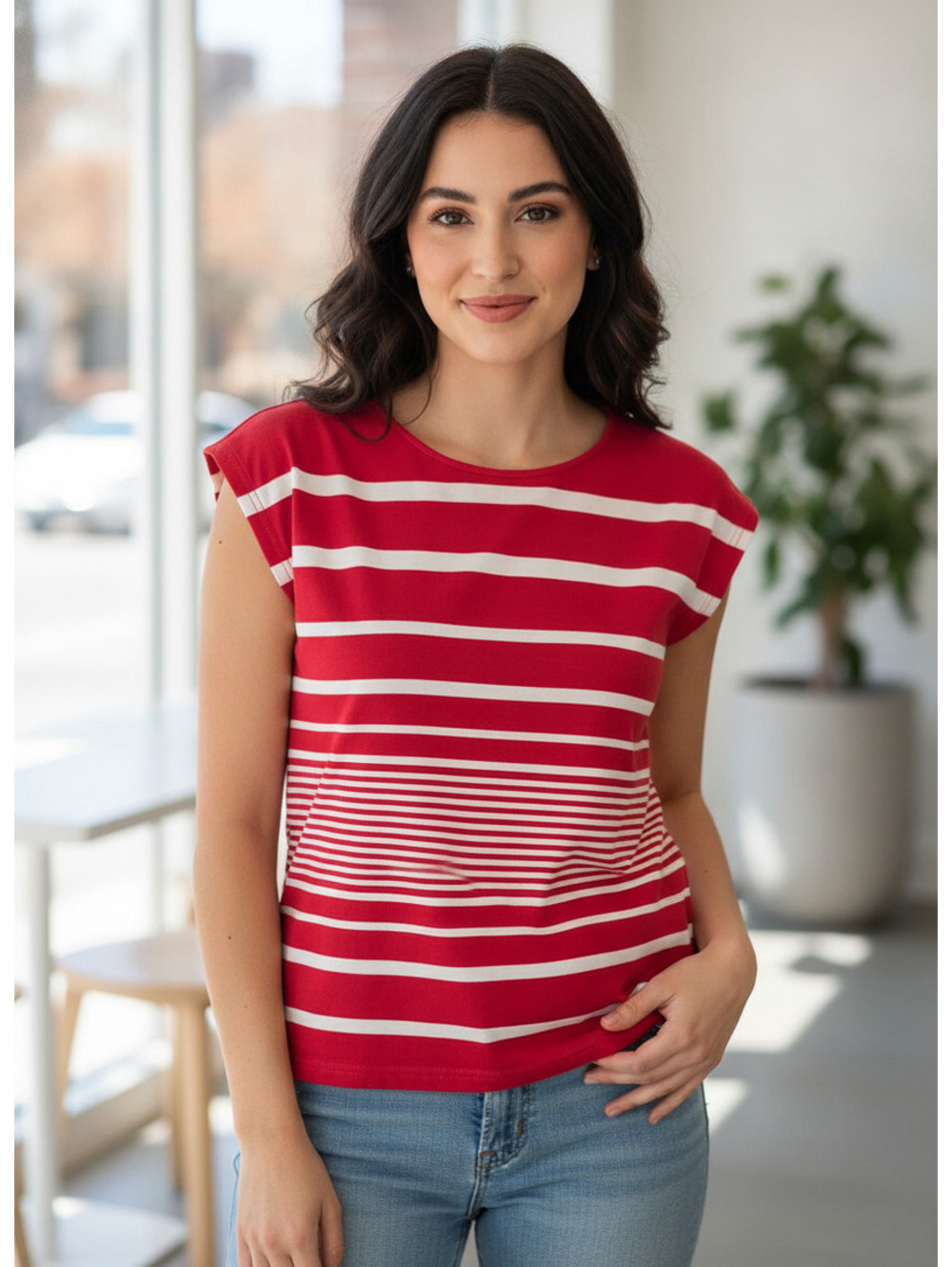 Lauren Active Ralph Lauren Women's M Red and White Striped Boxy Cotton T-Shirt